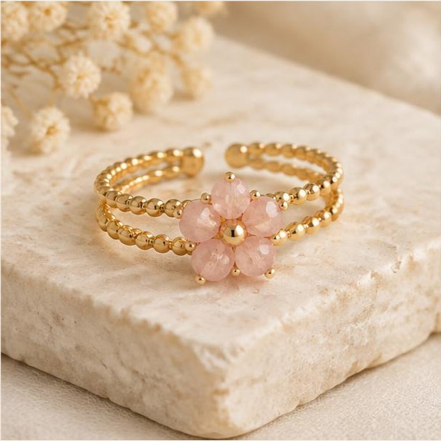 Blossom crystal adjustable ring styled flat lay