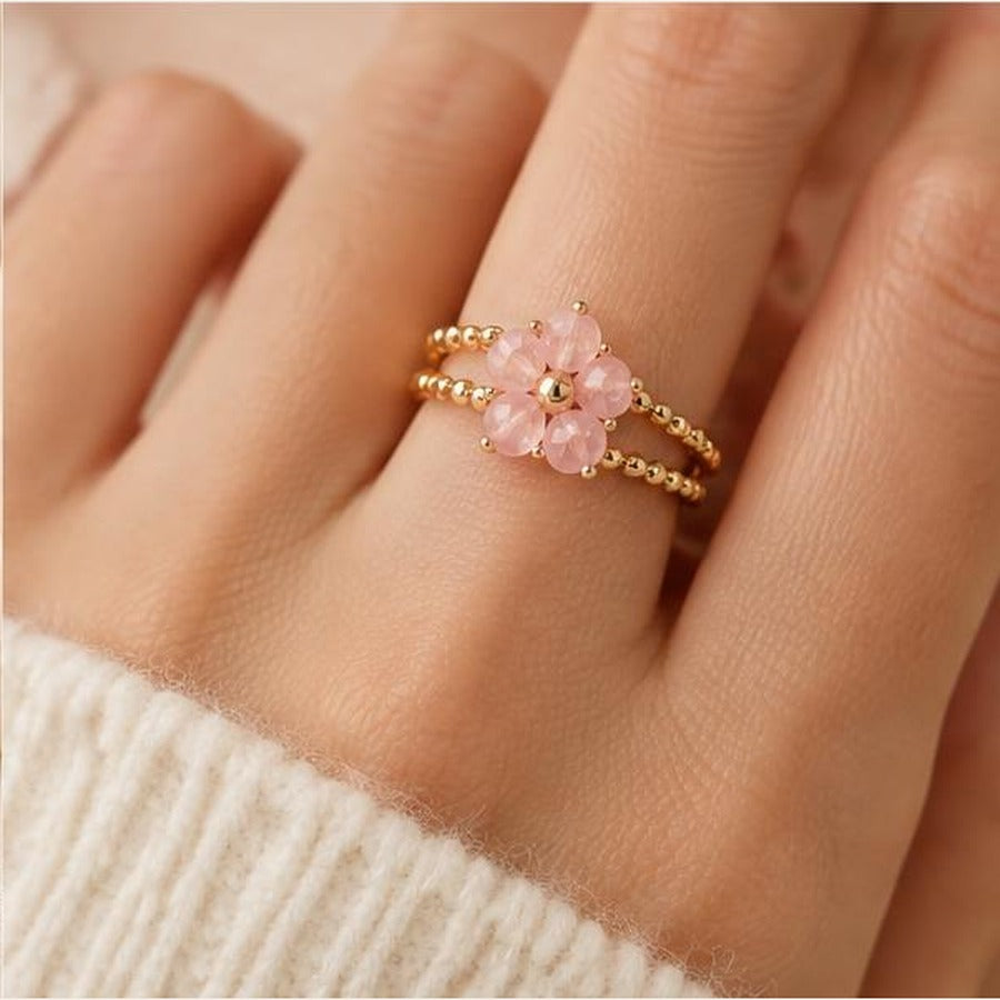 Blossom crystal adjustable ring worn on hand