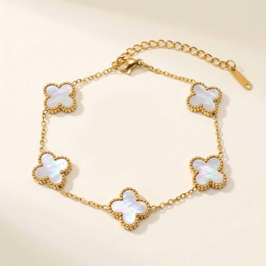 White mother of pearl clover bracelet angled view