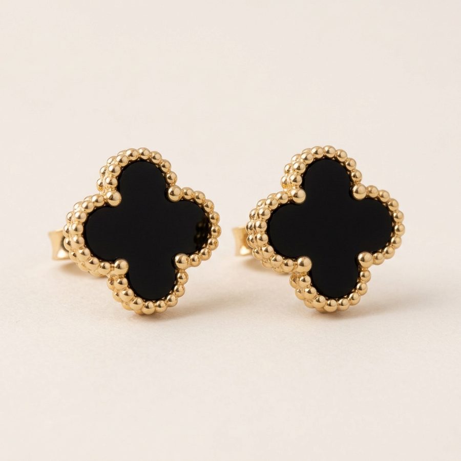 Four Leaf Clover Stud Earrings 13mm — Black, three-quarter view