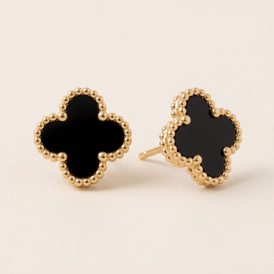 Four Leaf Clover Stud Earrings 13mm — Black, detail view