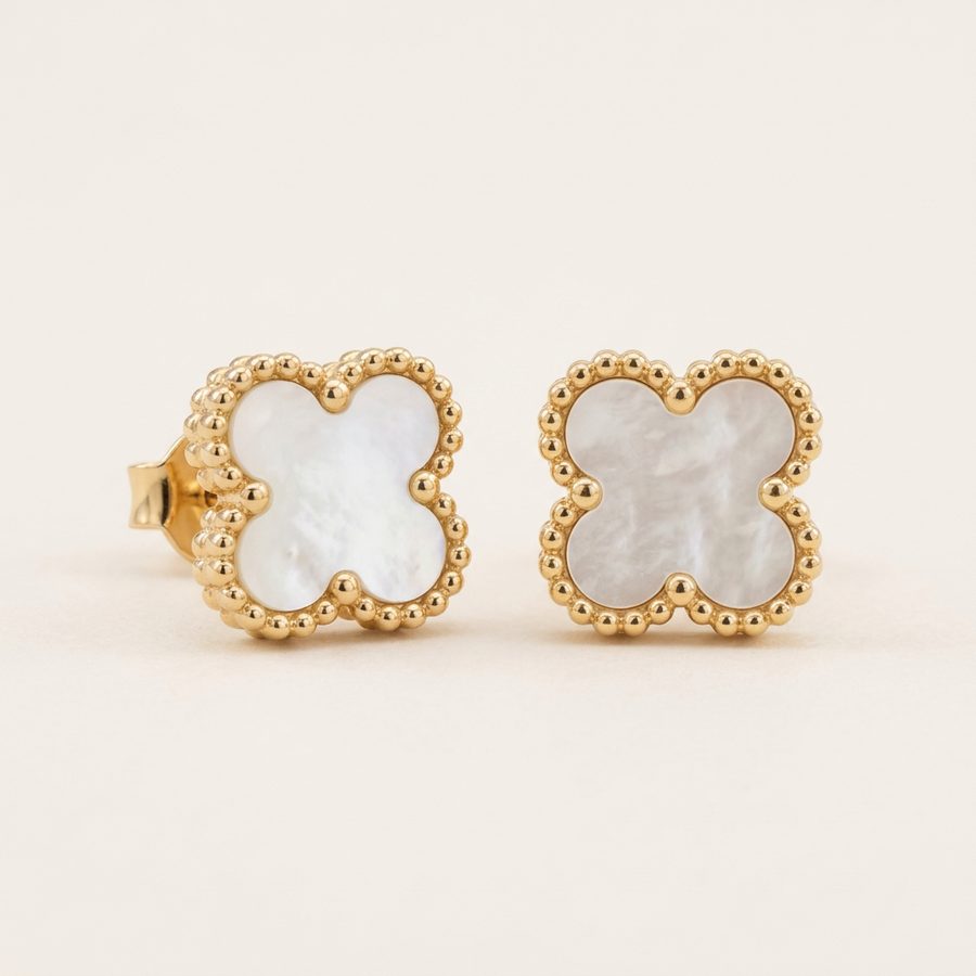 Four Leaf Clover Stud Earrings 13mm — White Mother of Pearl, front view