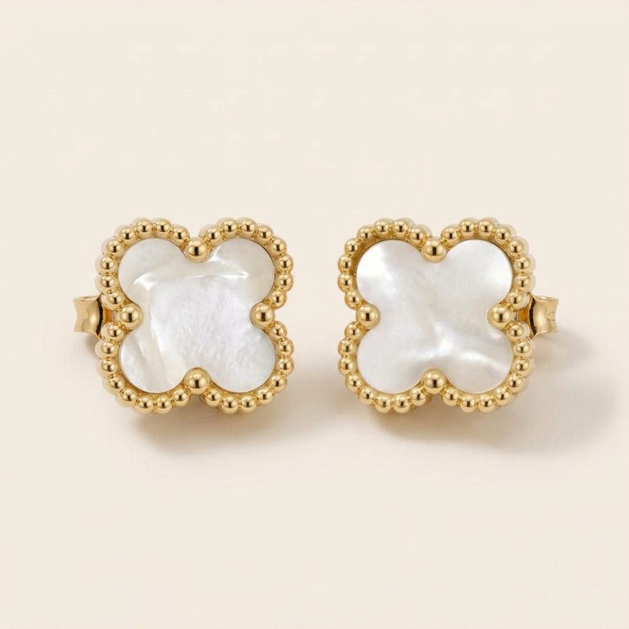 Four Leaf Clover Stud Earrings 13mm — White Mother of Pearl, flat lay