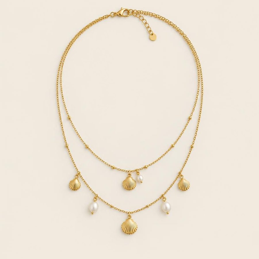 Double Layer Seashell Charm Necklace 40cm — Gold, front view
