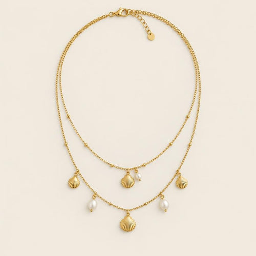 Double Layer Seashell Charm Necklace 40cm — Gold, front view