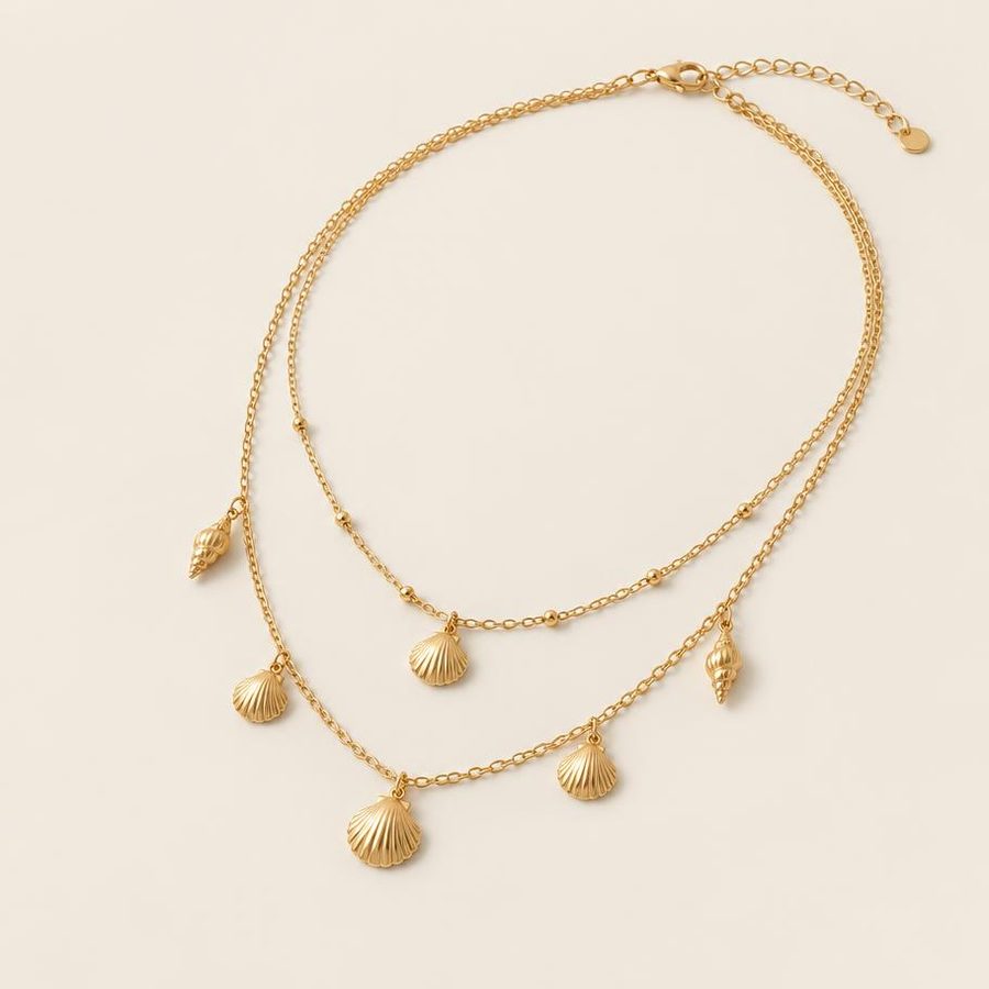 Double Layer Seashell Charm Necklace 40cm — Gold, angled view