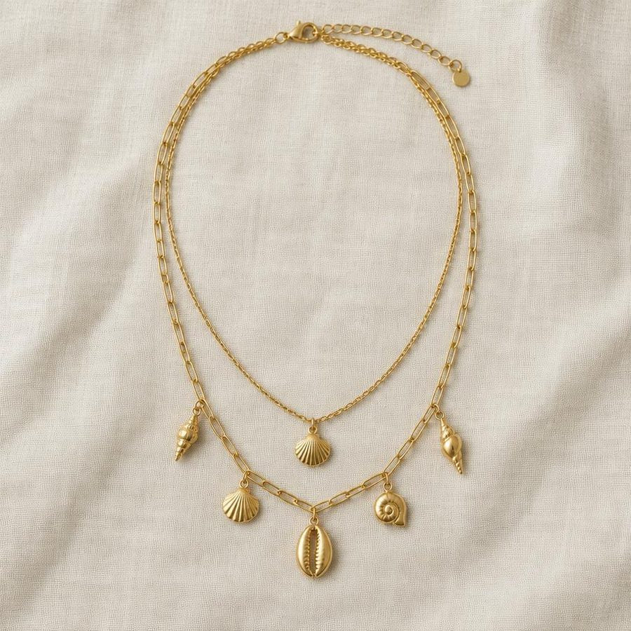 Necklace flat lay on linen