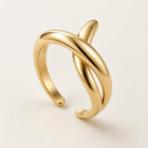 Crossed band adjustable ring, angled view