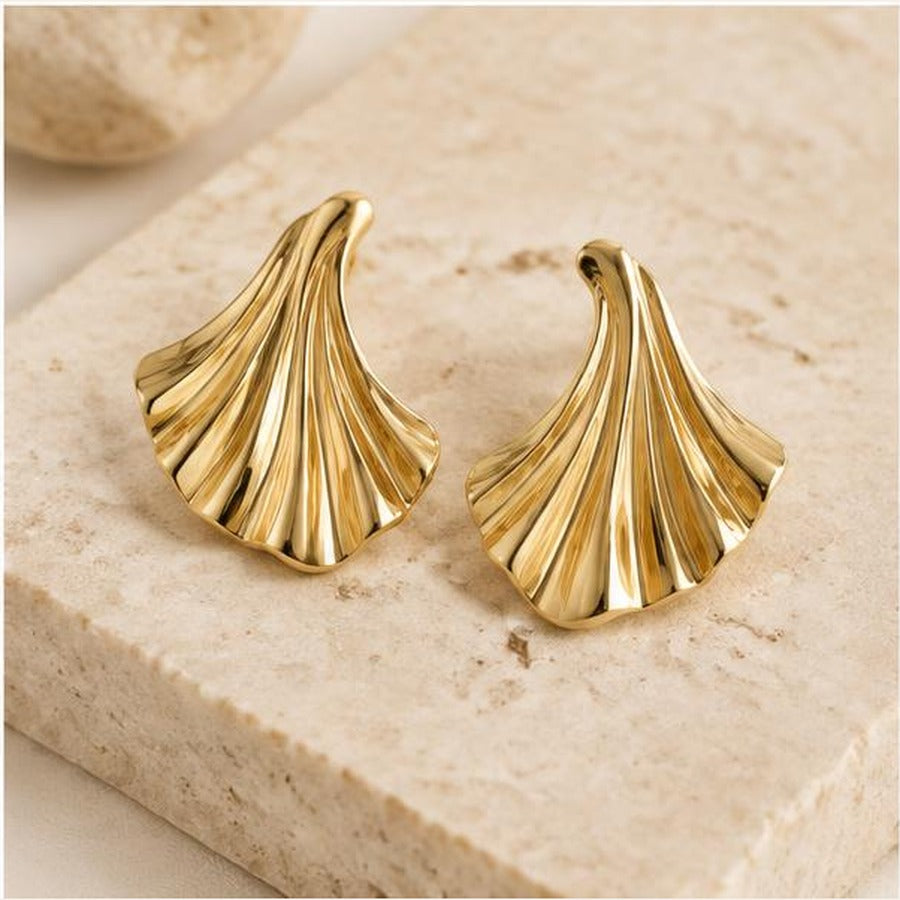 Golden Leaf Fan Earrings styled flat lay