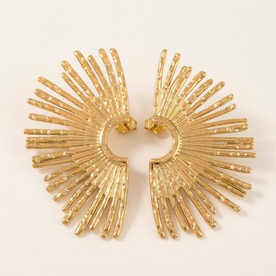 Gold sunburst fan earrings, front view