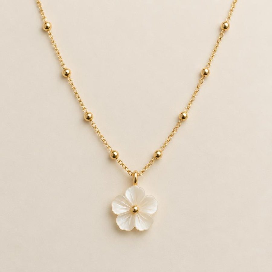 Mother of pearl flower pendant necklace on gold beaded chain