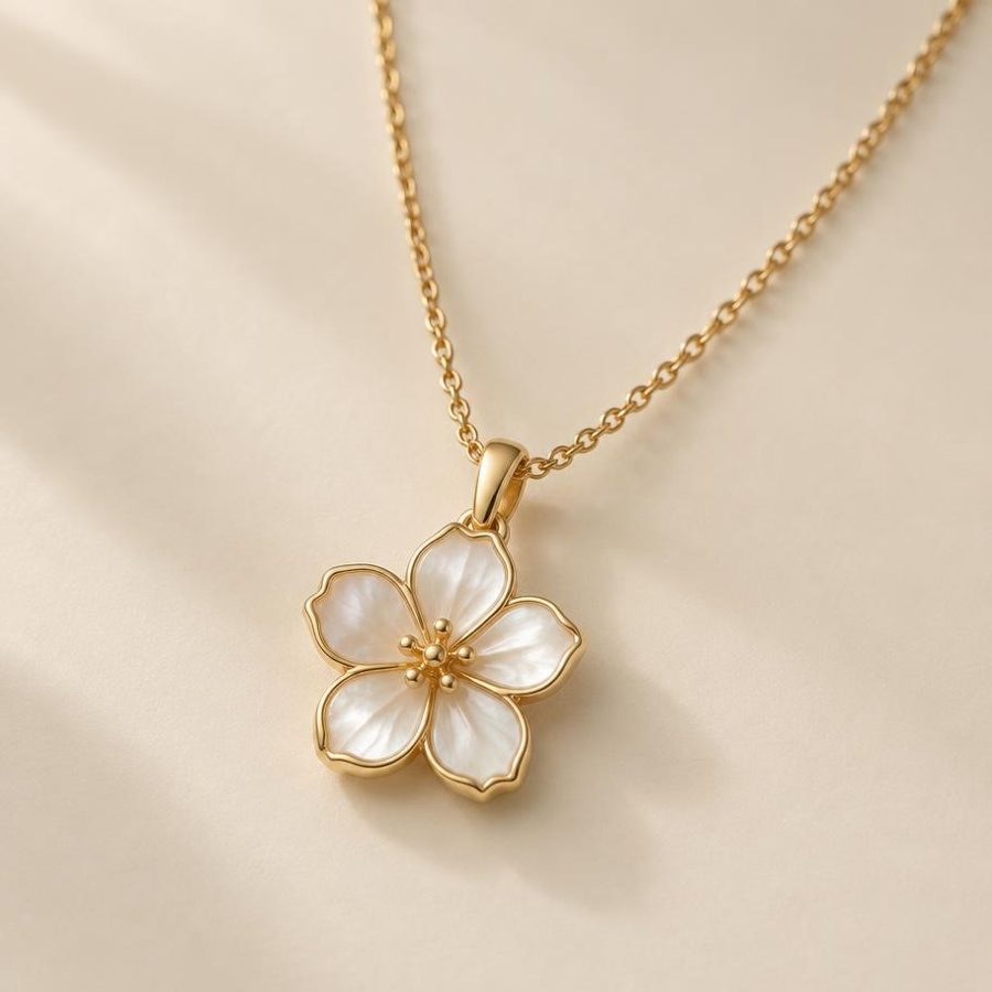 Angled view of the flower pendant necklace