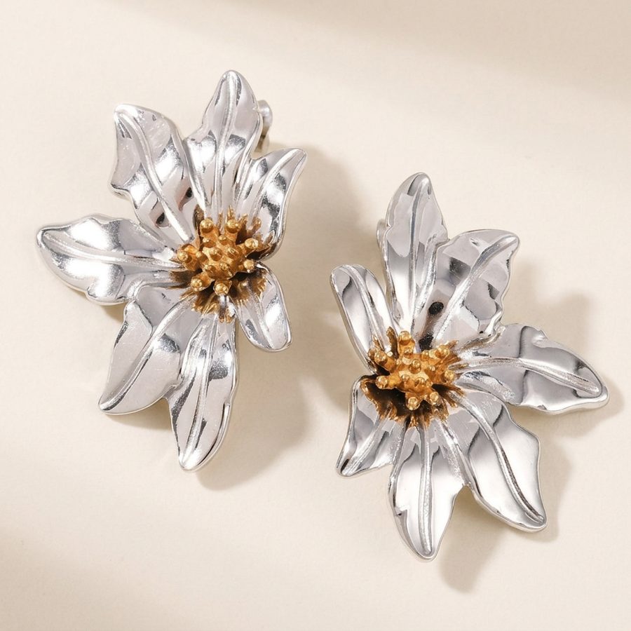Two-tone flower stud earrings, front view
