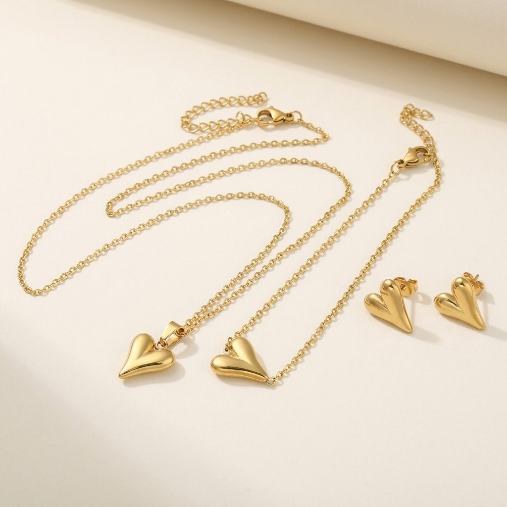 Gold heart pendant necklace bracelet and stud earrings set