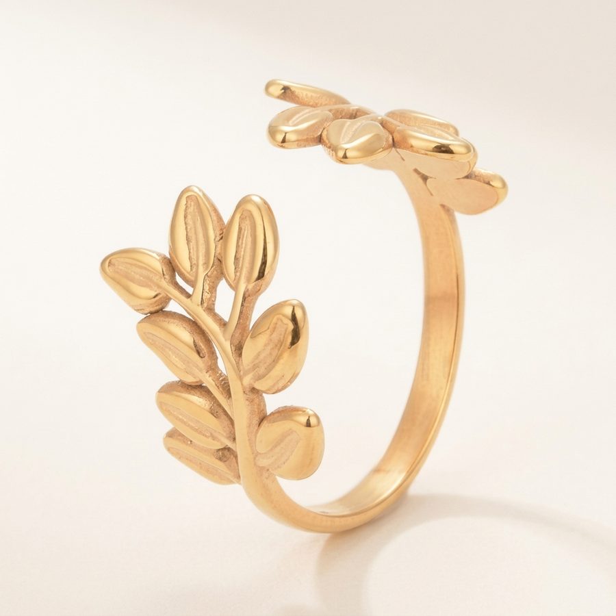 Olive branch adjustable ring, angled view