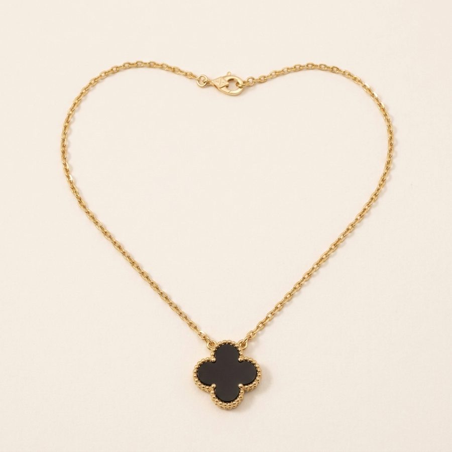 Black four leaf clover pendant necklace full view