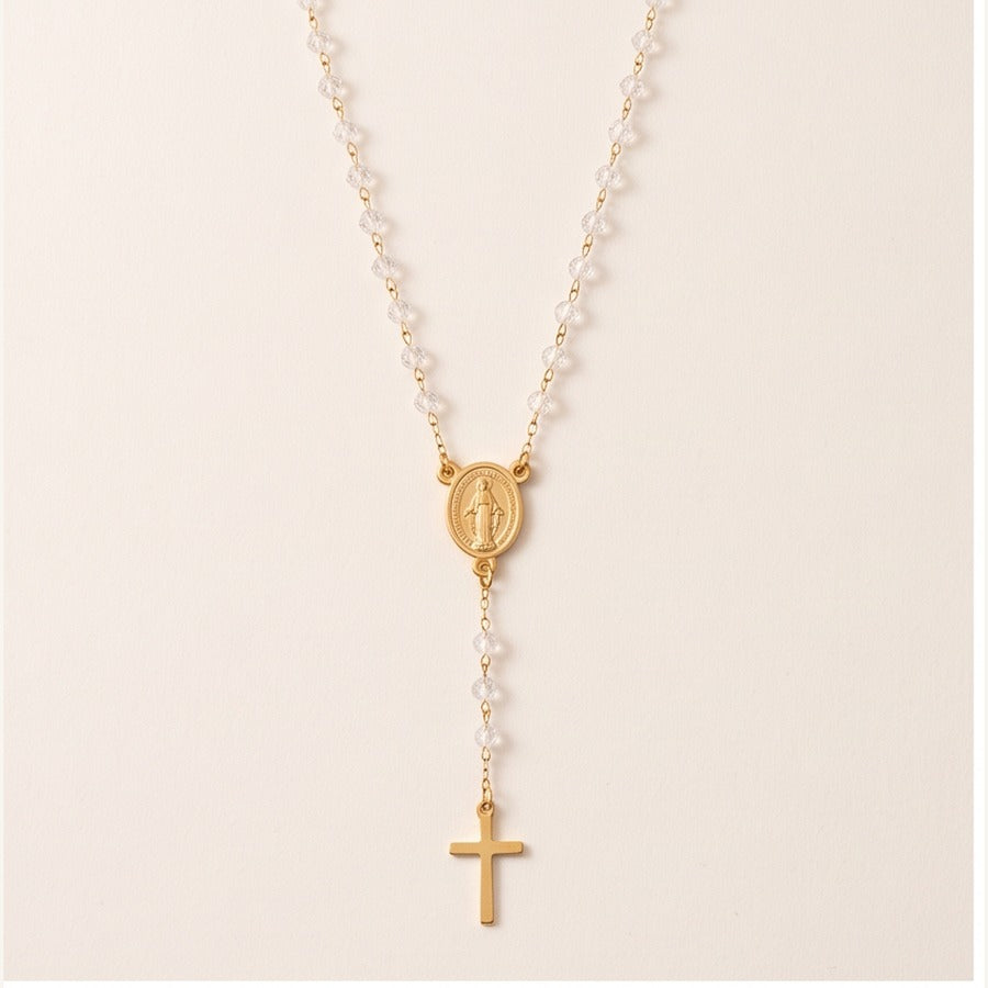 Rosary Necklace with Crucifix & Clear Beads