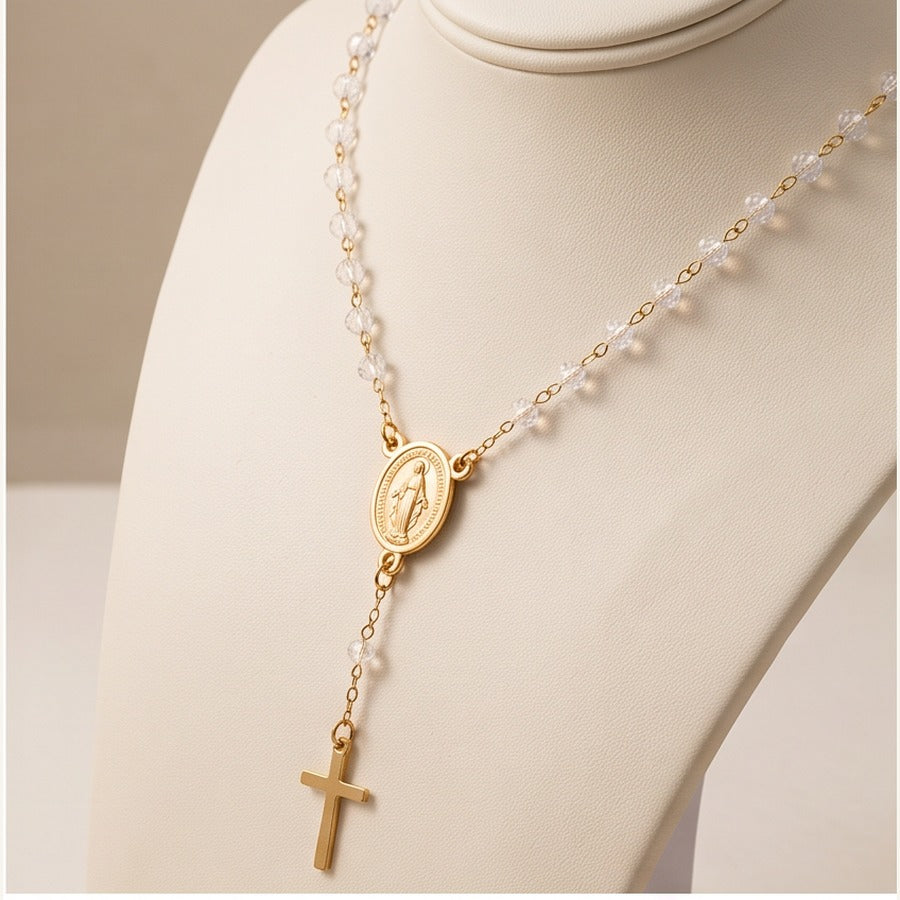 Rosary Necklace with Crucifix & Clear Beads