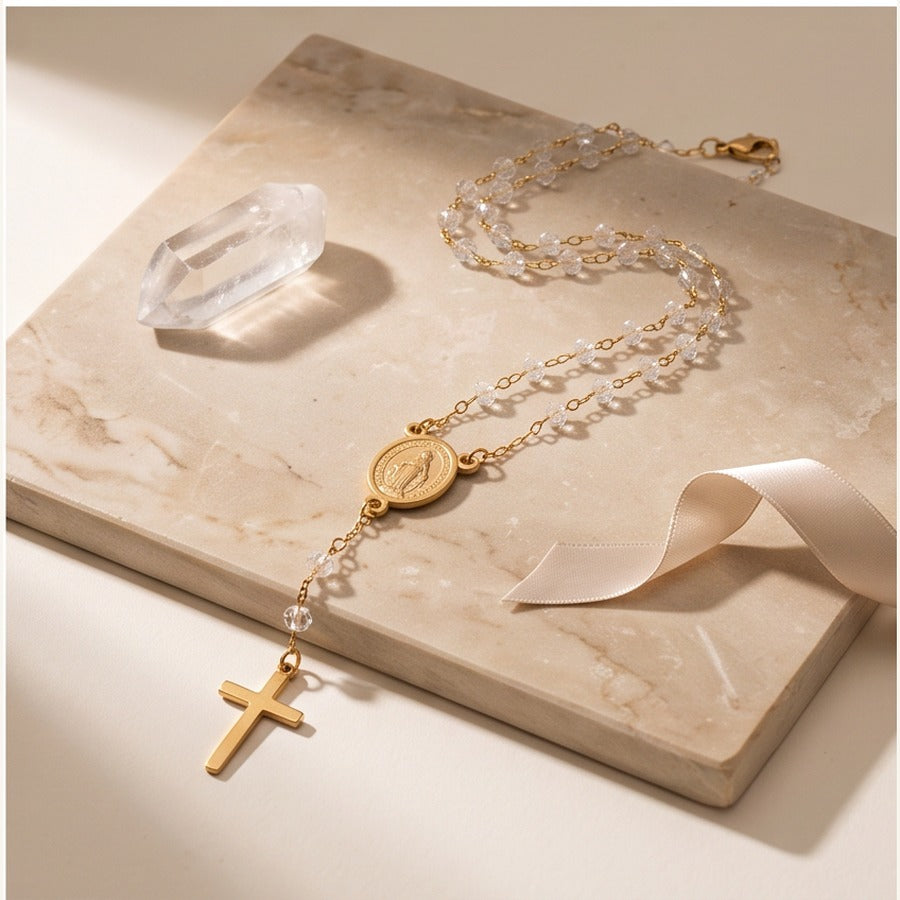 Rosary Necklace with Crucifix & Clear Beads