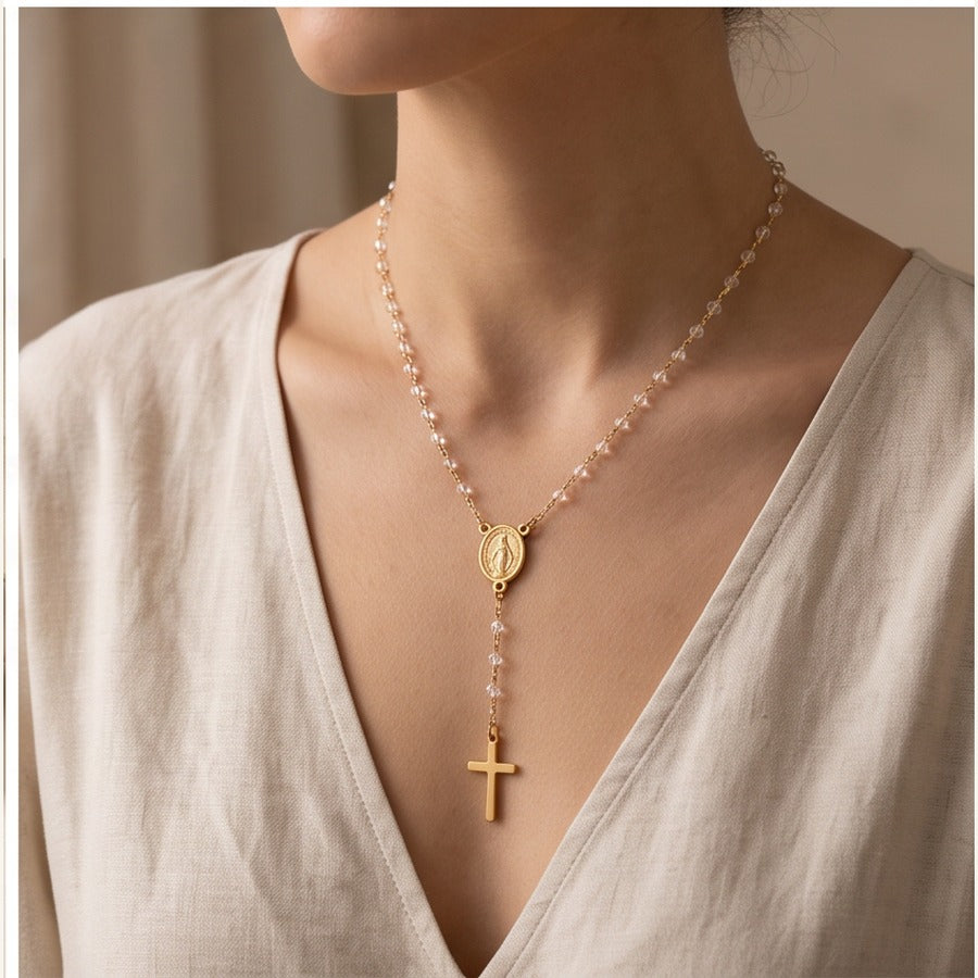 Rosary Necklace with Crucifix & Clear Beads