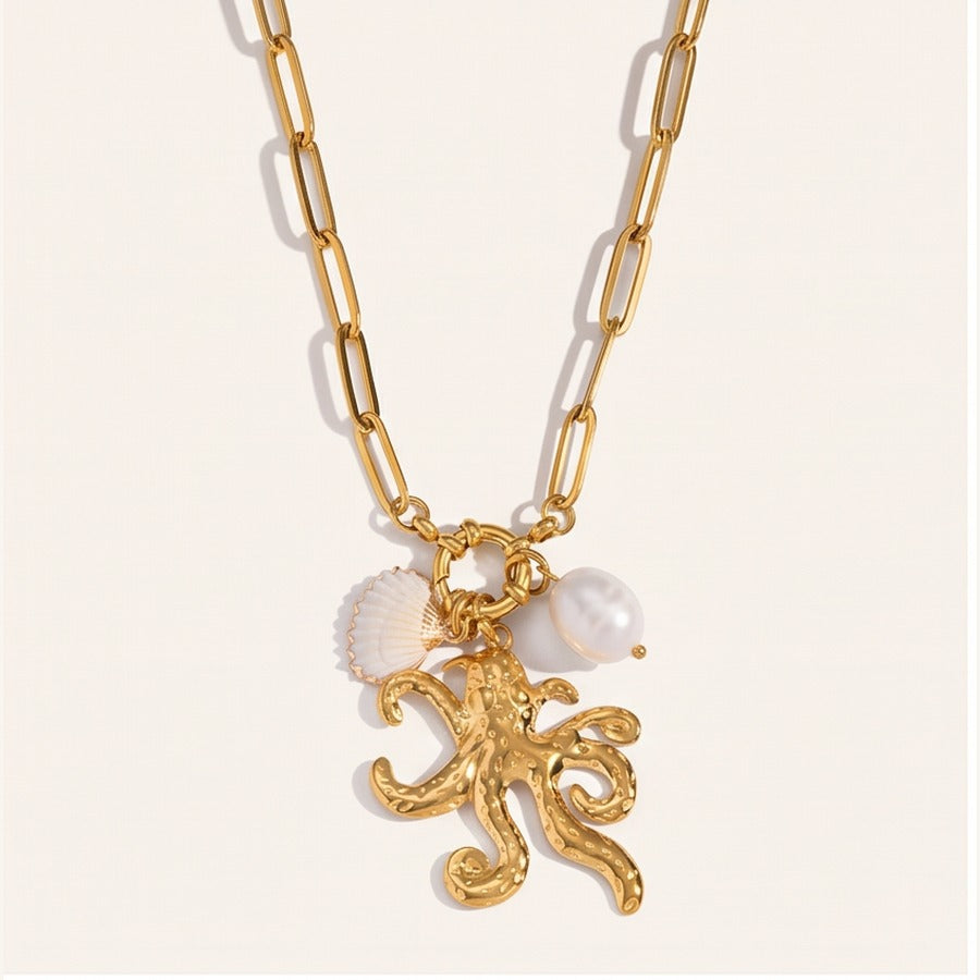 Octopus Necklace with Natural Shell & Pearl