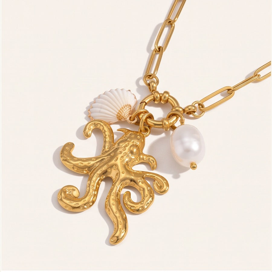 Octopus Necklace with Natural Shell & Pearl