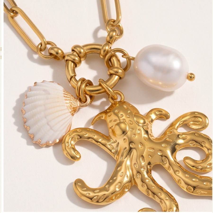 Octopus Necklace with Natural Shell & Pearl