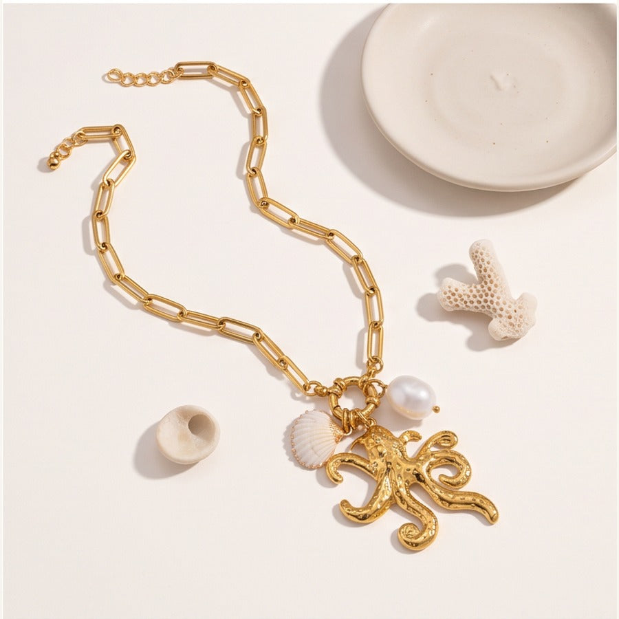 Octopus Necklace with Natural Shell & Pearl