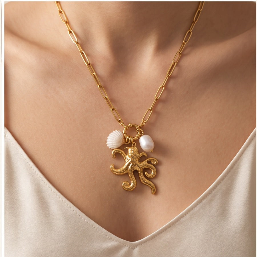 Octopus Necklace with Natural Shell & Pearl