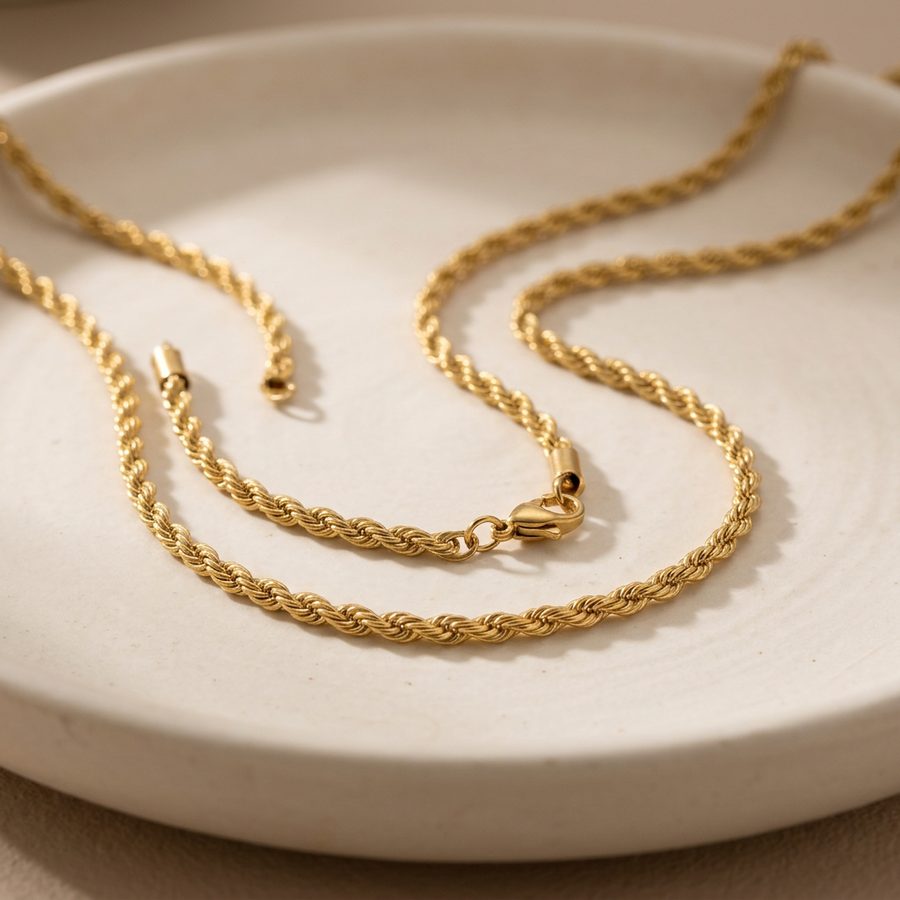 Twisted rope chain necklace styled on a dish